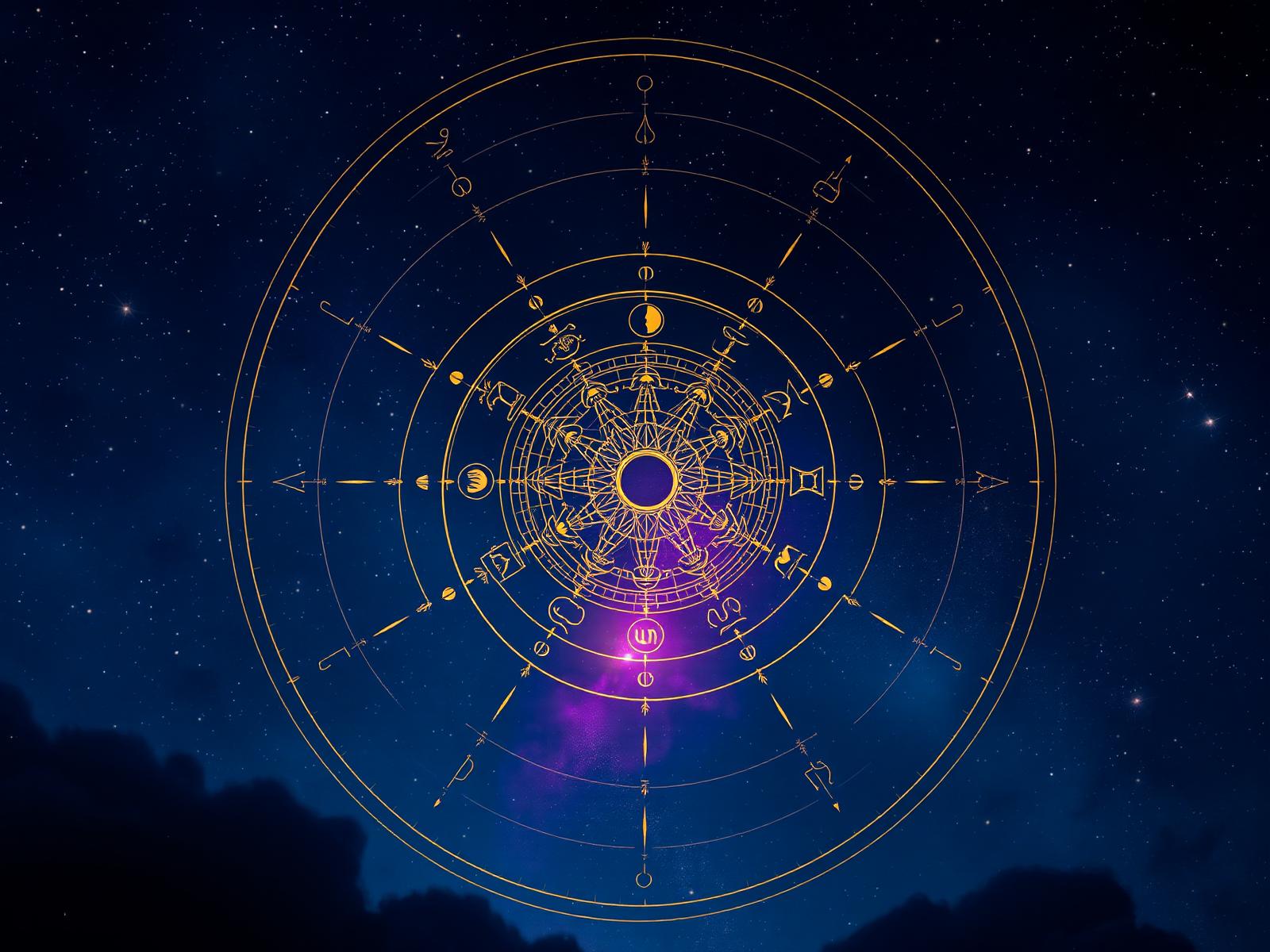 Roda zodiacal dourada em céu estrelado